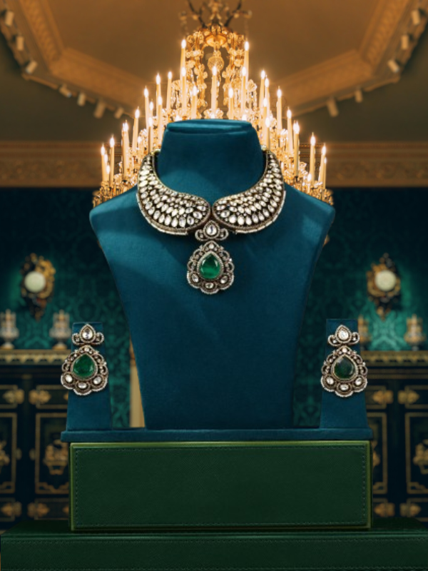 Kundan and Diamond Necklace Set with Emeralds