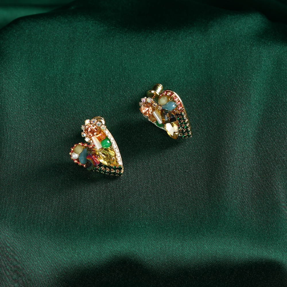 Multi Color Glass Beads Heart Stud Earrings