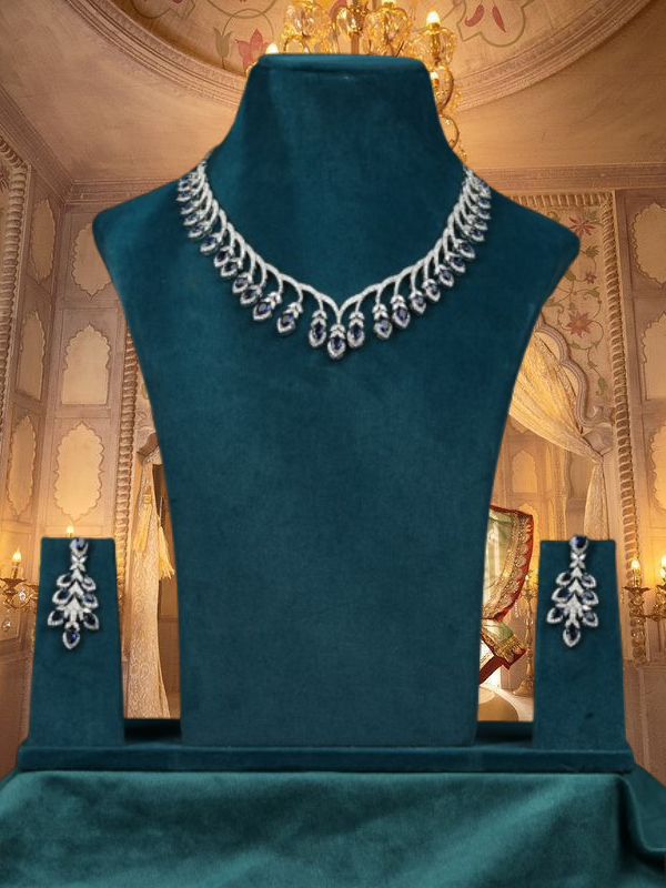 Gold-Plated Blue American Diamond Stone-Studded Necklace