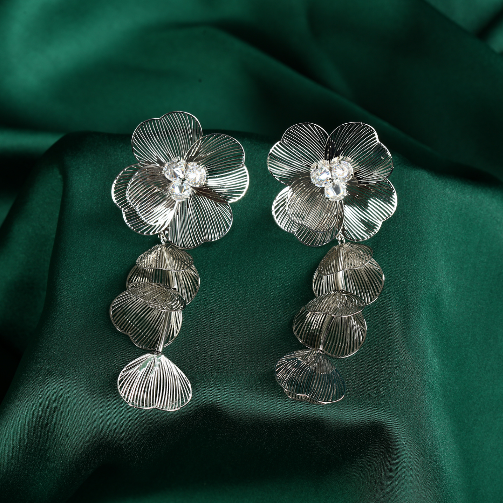 Silver-Plated Stone Studded Floral Drop Earrings