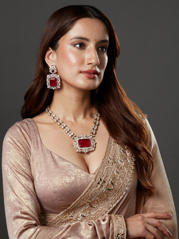 Red Stone Silver And Gold Kundan Necklace