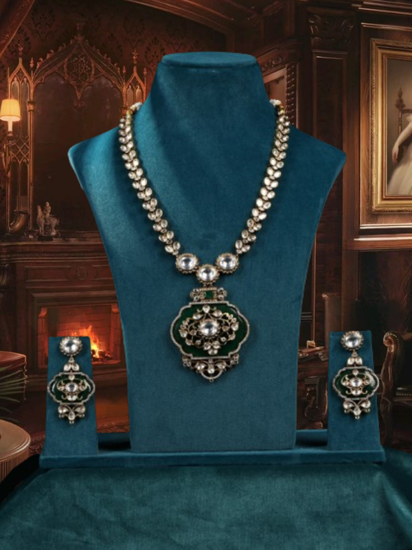 Micro Gold Finish Kundan with Emerald Green Stone Necklace