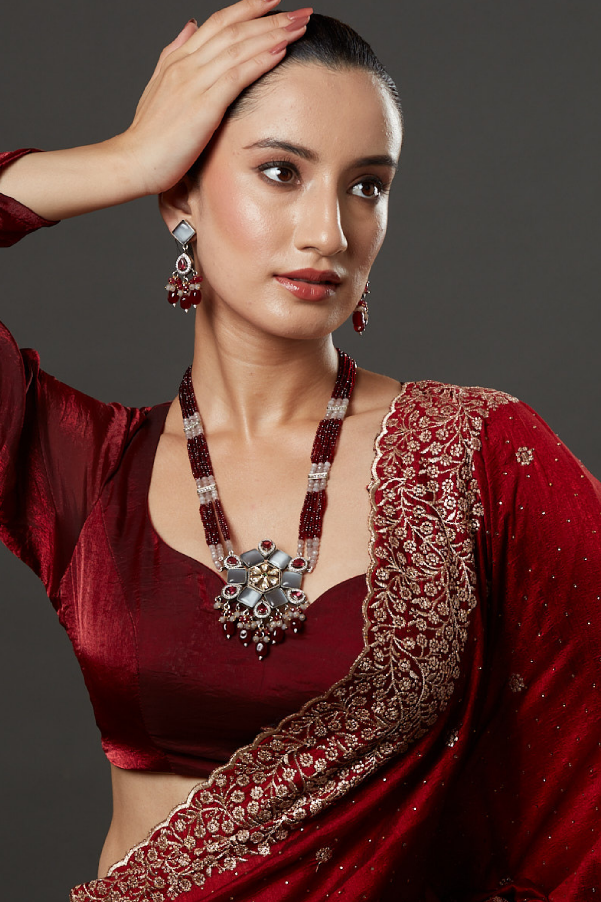 Gold Finish Kundan Polki & Grey Agate Bead Necklace