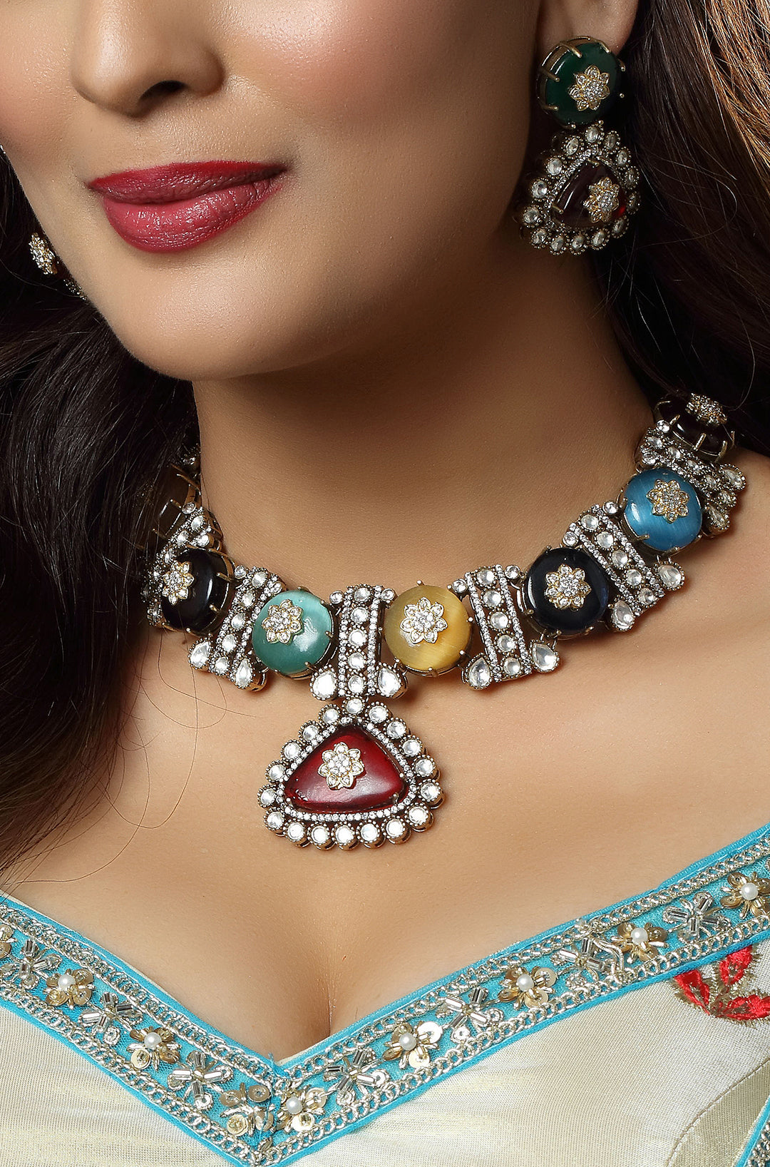 Navratan Choker Style Necklace Set