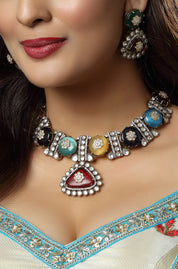 Navratan Choker Style Necklace Set