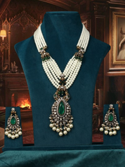 Pearl and Emerald Antique Finish Kundan Polki Long Necklace Haar