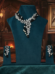 Silver-Tone CZ Sky Black-White Oval Stone Flower with Bead Layered Necklace
