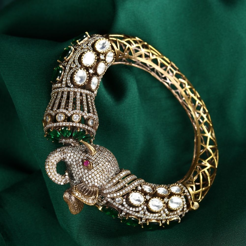 Emerald Green AD Stone Kundan Elephant Bangle