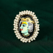 Hand Painted Lord Krishna Antique Oxidized Finger Ring