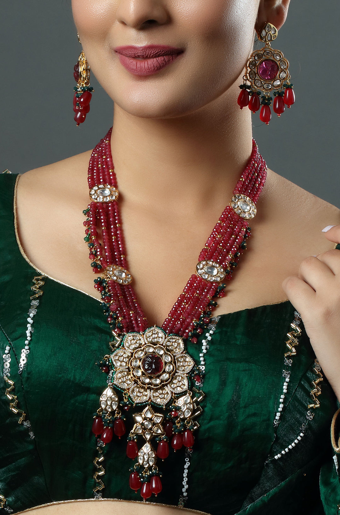 Ruby Pendant with Meenakari & Polki Multi Layered Necklace