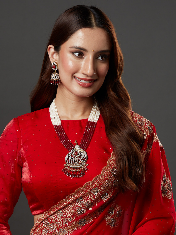 Ethnic Designer Traditional Gold Plated Long Mala Necklace with Beautiful Peacock