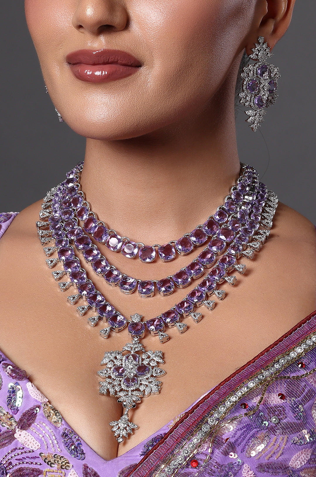 Lavender Royale Multi-Layer AD Stone Necklace Set