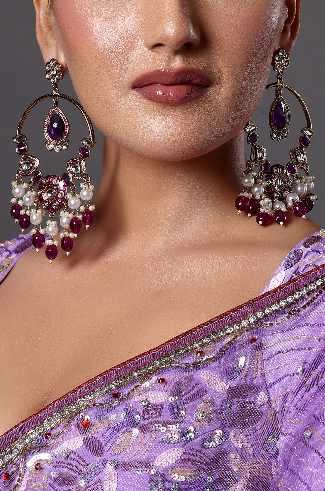 Royal Amethyst & Pearl Chandbali Earrings