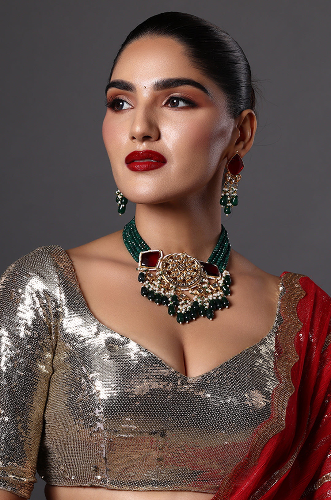 Traditional Green Beaded Necklace with Kundan Work