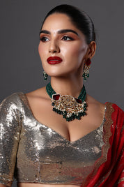 Traditional Green Beaded Necklace with Kundan Work