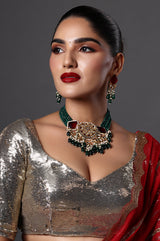 Traditional Green Beaded Necklace with Kundan Work