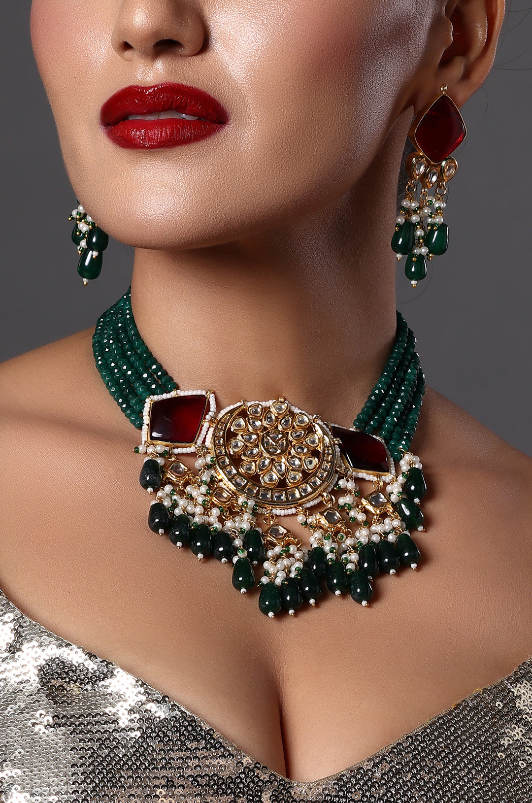 Traditional Green Beaded Necklace with Kundan Work