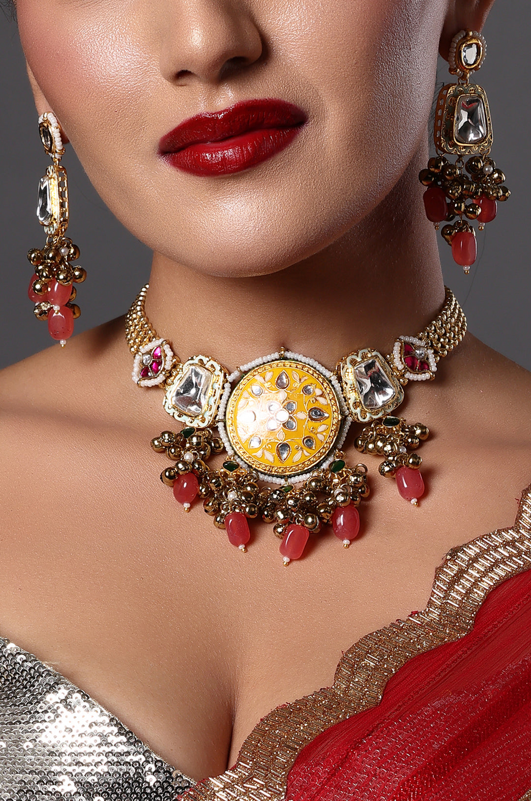 Coral Meenakari Floral Choker with Green Drops