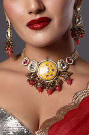 Coral Meenakari Floral Choker with Green Drops