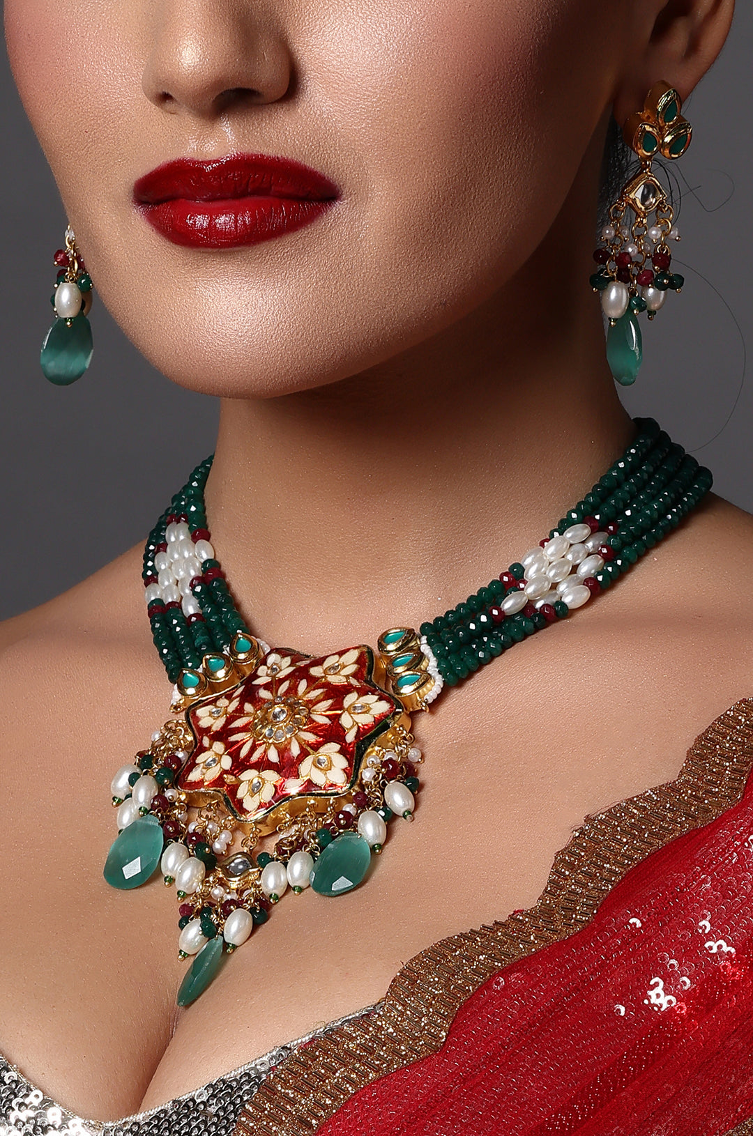 Antique Kundan Choker with Red Bead Drops