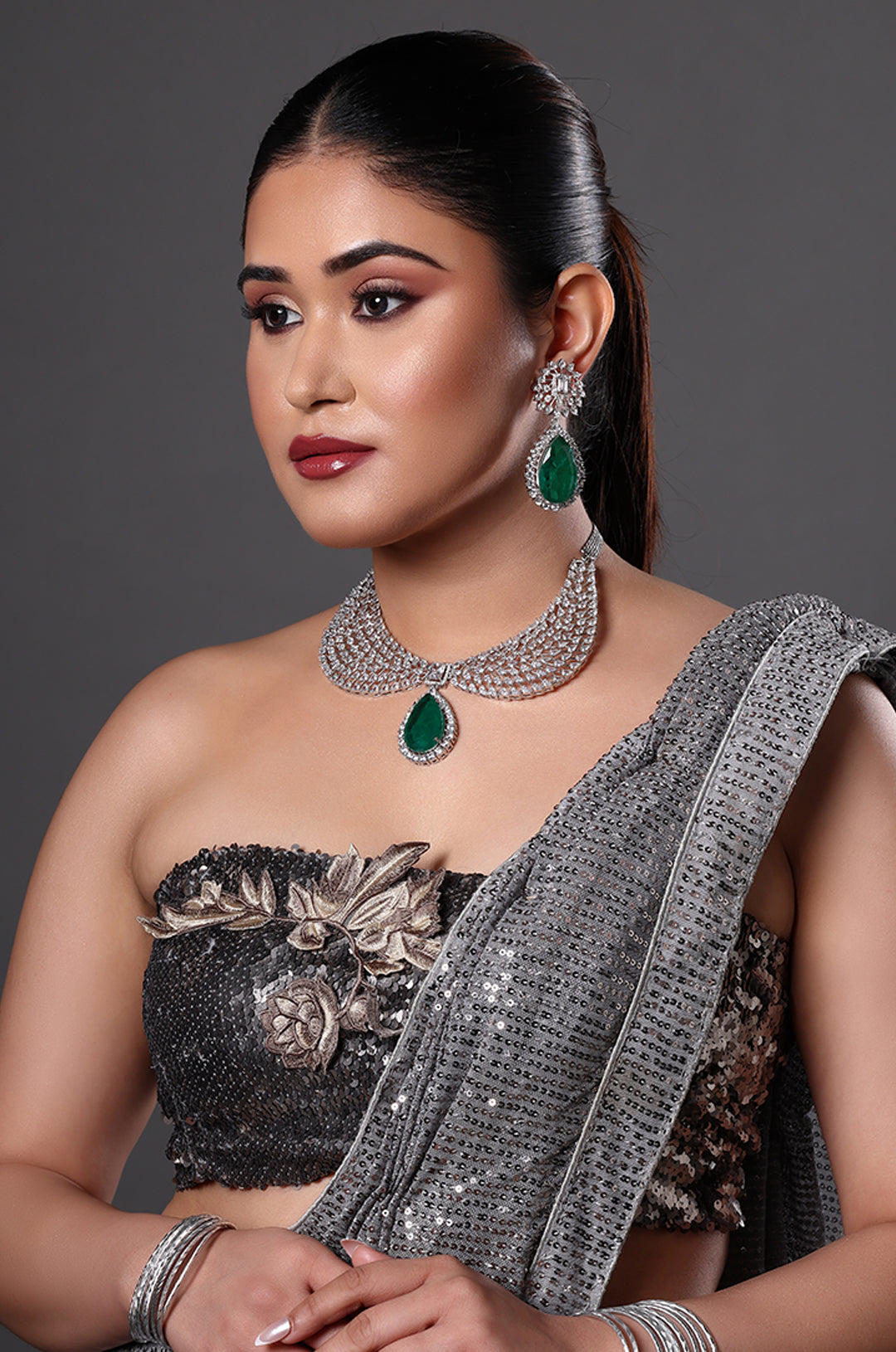 Diamond Finish Necklace with Emerald Drop