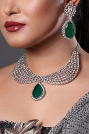 Diamond Finish Necklace with Emerald Drop