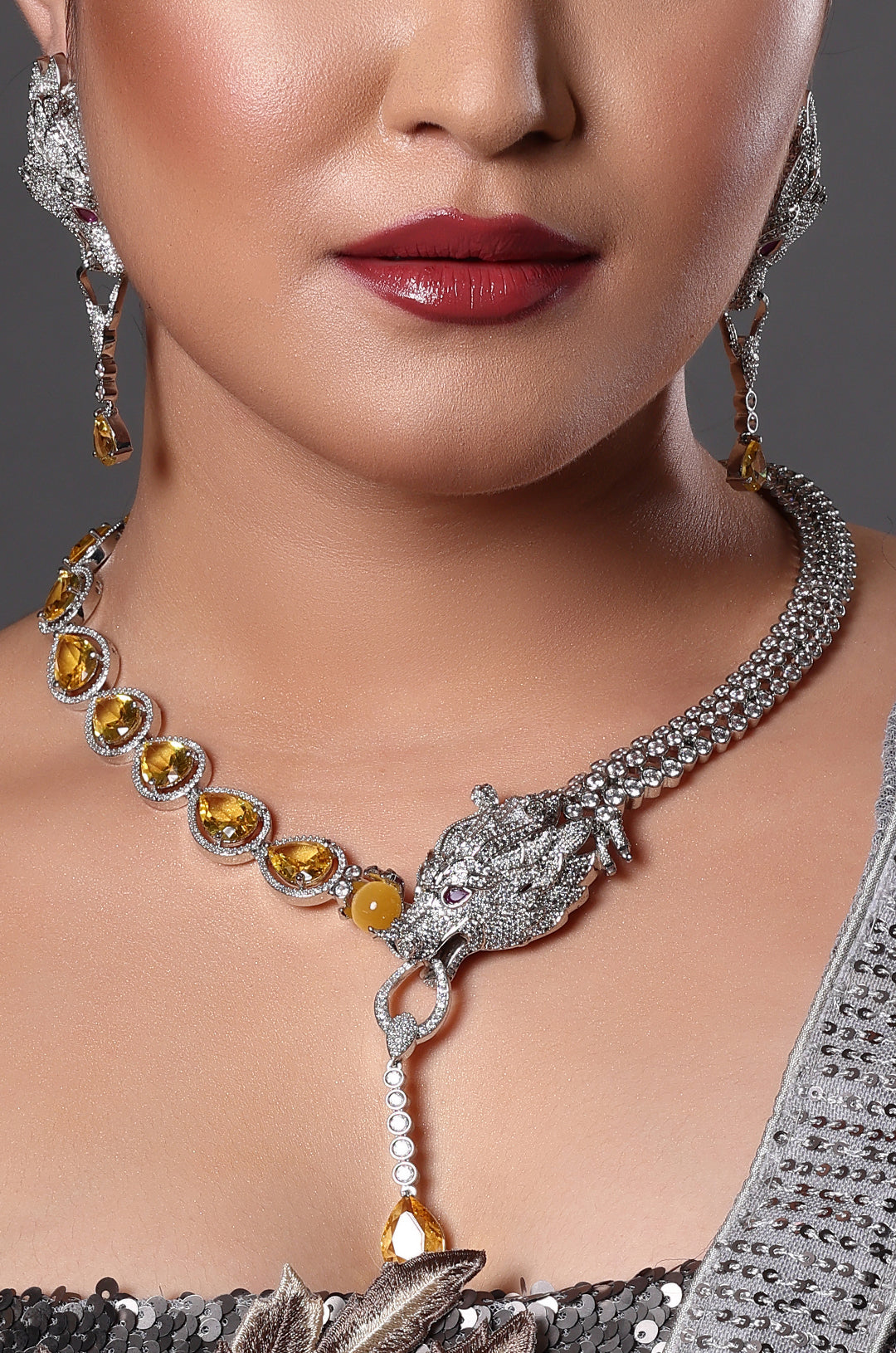 Diamond Leopard Motif Statement Necklace