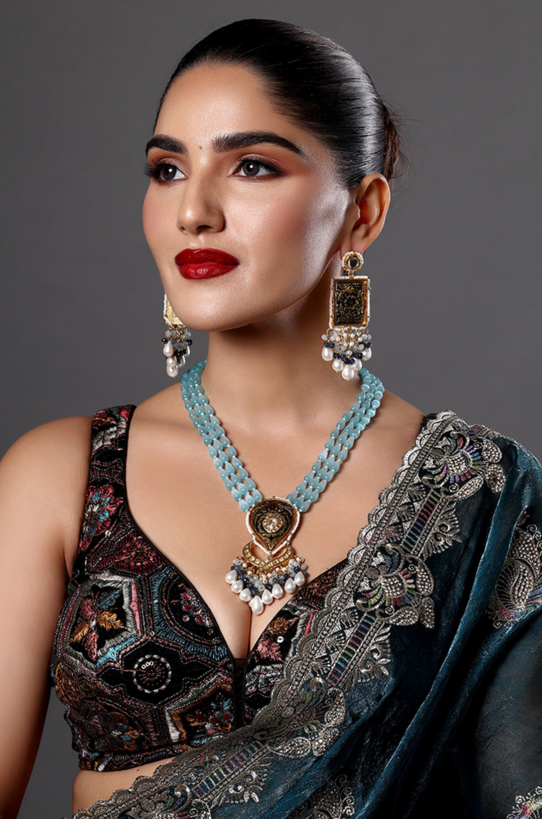 Aqua Beaded Necklace with Pearl Drops