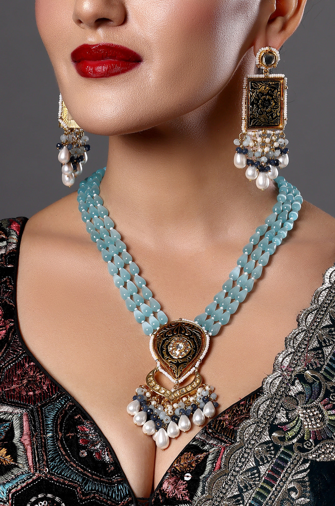 Aqua Beaded Necklace with Pearl Drops