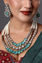 Pearl & Aqua Stone Layered Necklace Set