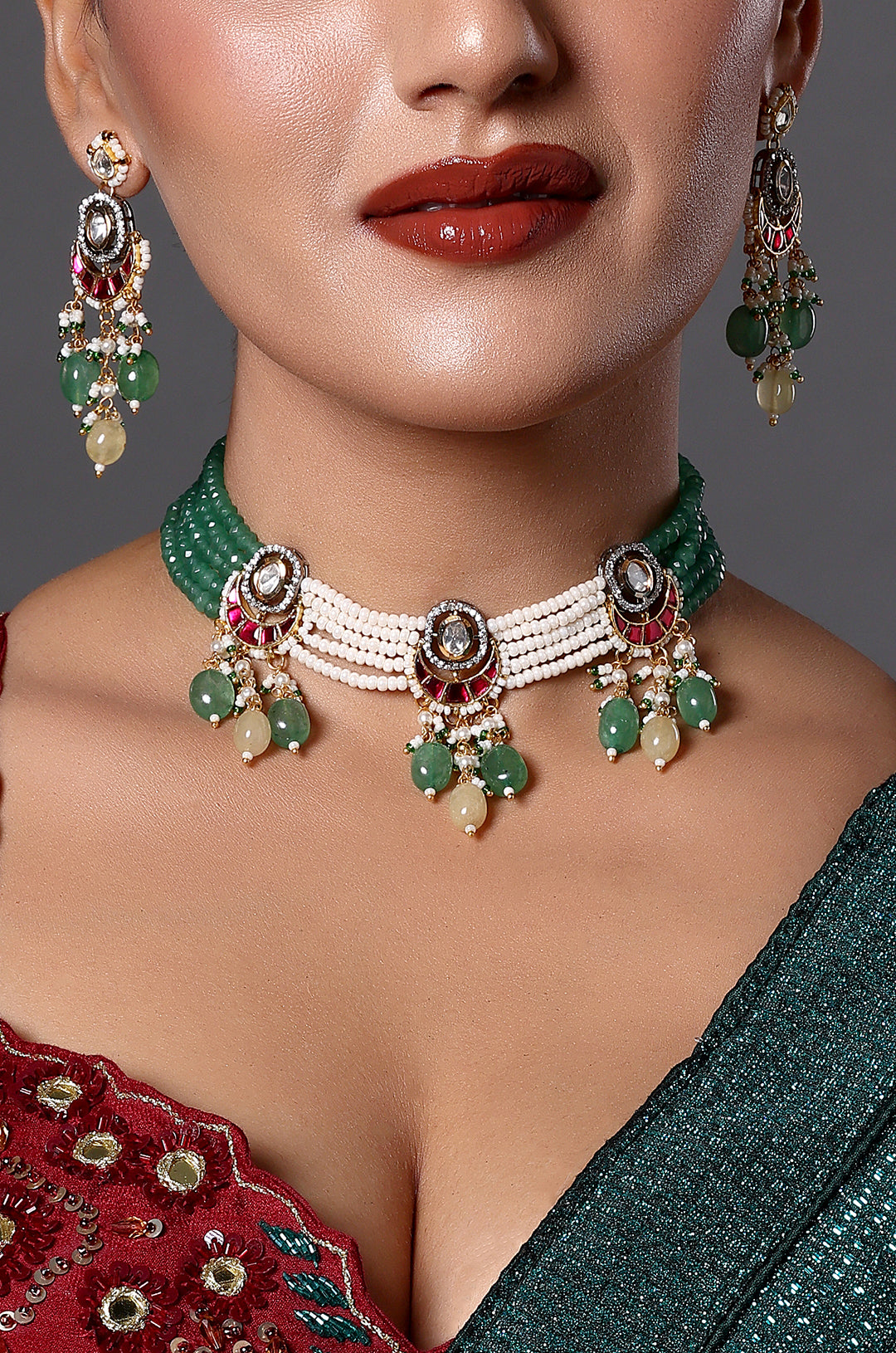 Green Beaded Choker with Kundan Motifs