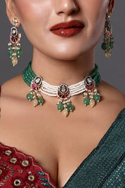 Green Beaded Choker with Kundan Motifs