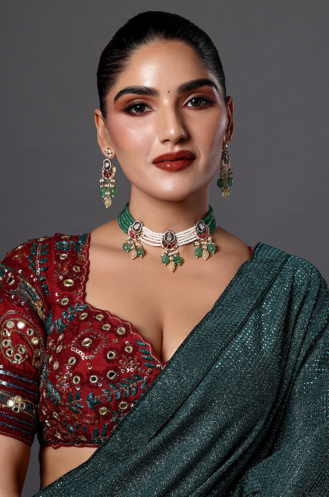 Green Beaded Choker with Kundan Motifs