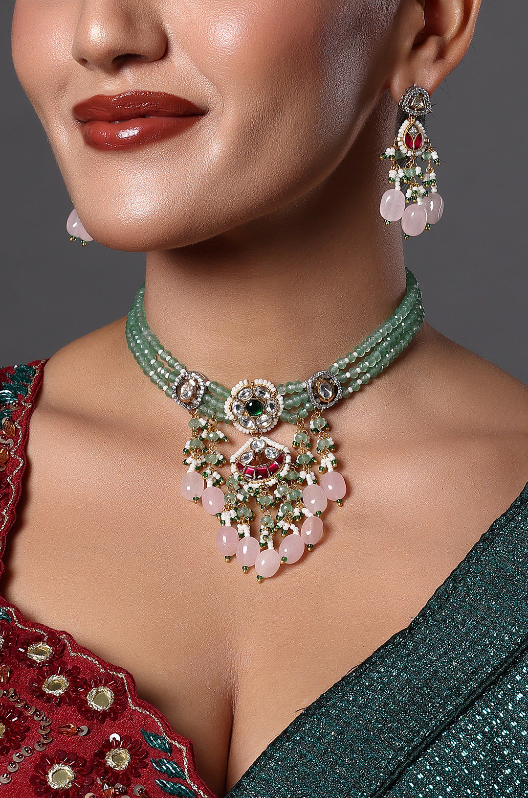 Pastel Green Choker with Pink Stone Drops