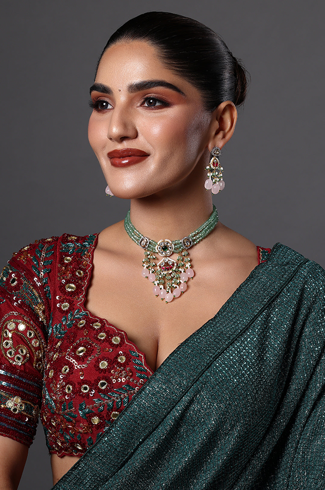 Pastel Green Choker with Pink Stone Drops