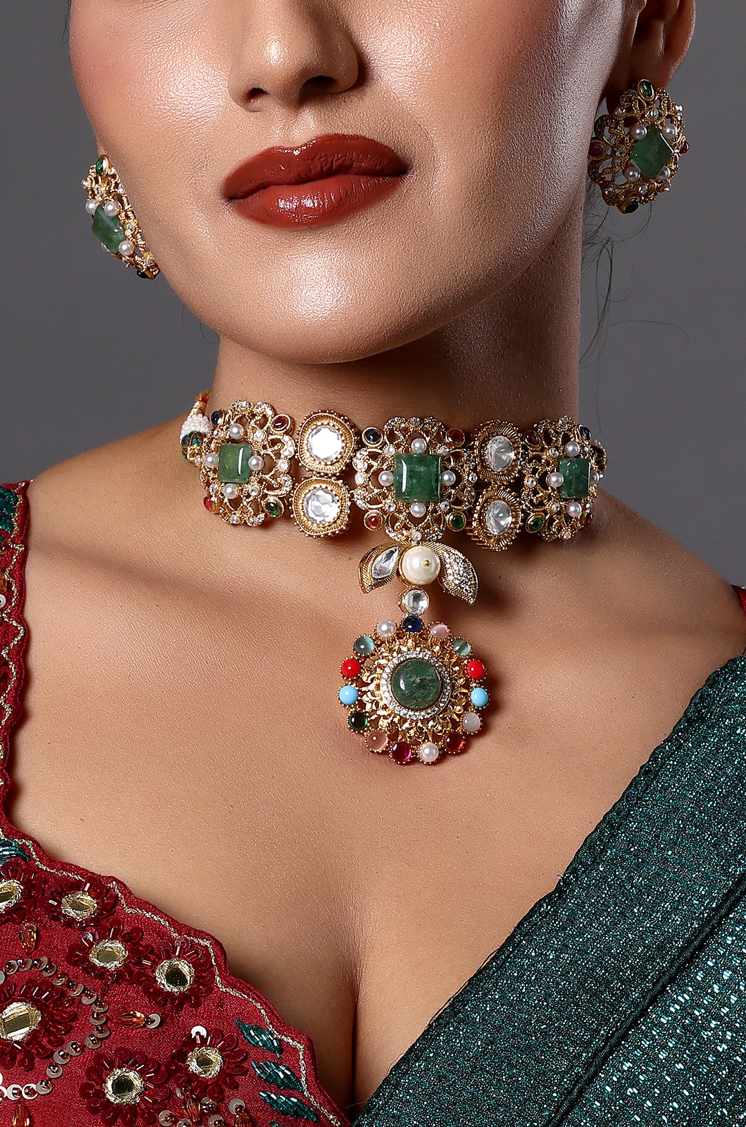 Multicolor Kundan Choker with Pendant Drop
