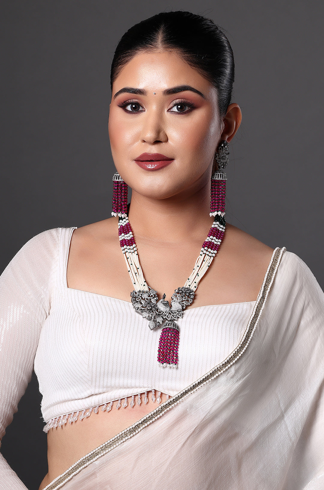 Ruby & Pearl Long Necklace with Statement Tassel