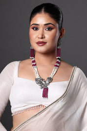 Ruby & Pearl Long Necklace with Statement Tassel