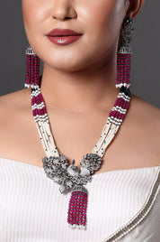 Ruby & Pearl Long Necklace with Statement Tassel