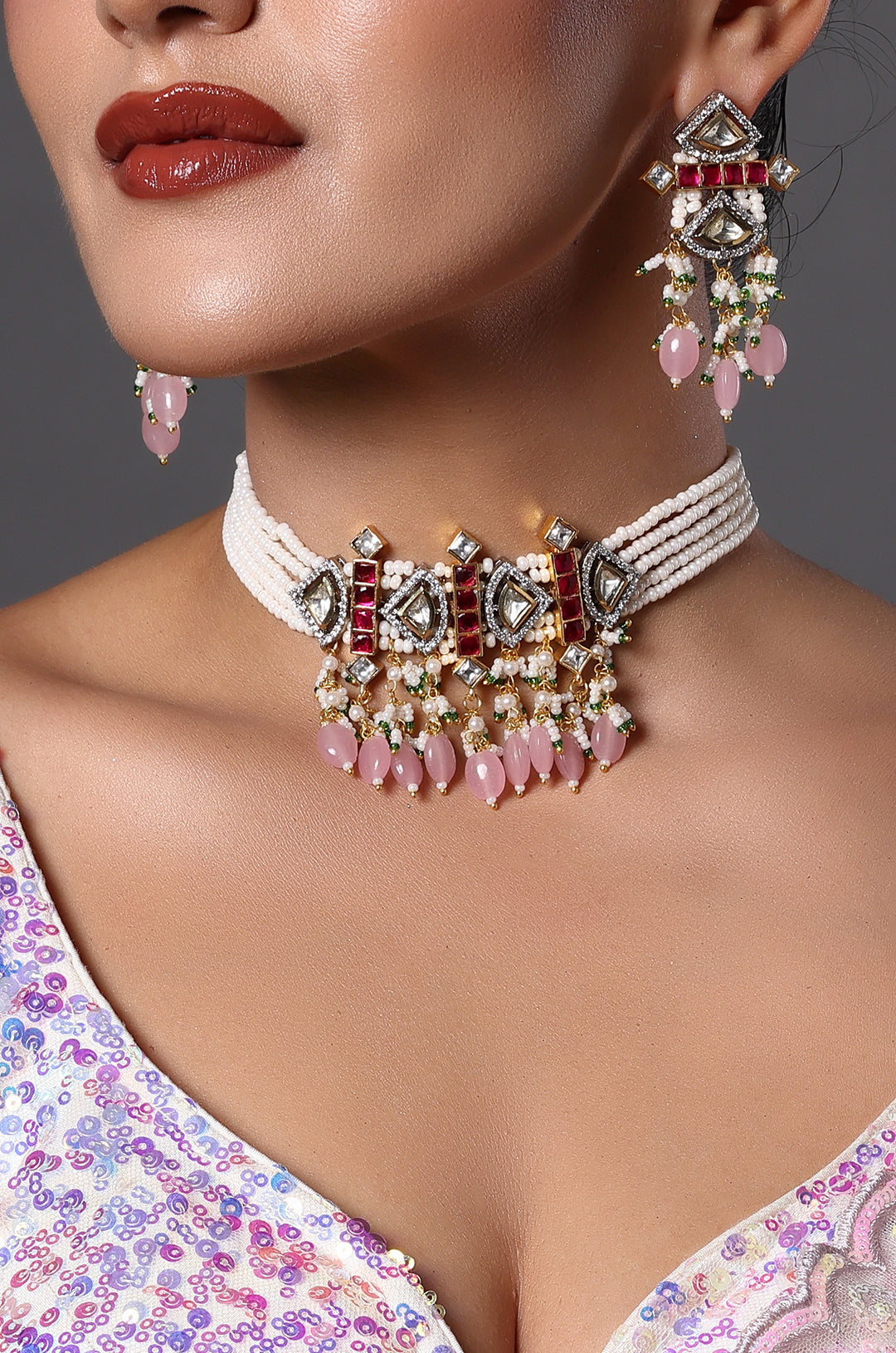 Pearl & Pink Stone Kundan Choker Set