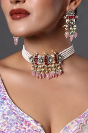 Pearl & Pink Stone Kundan Choker Set