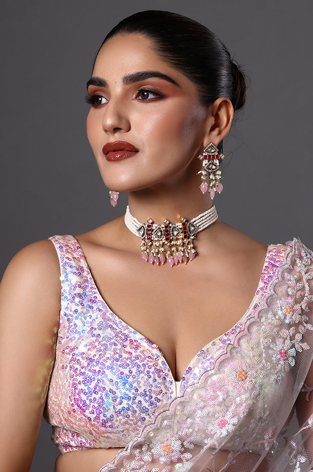Pearl & Pink Stone Kundan Choker Set