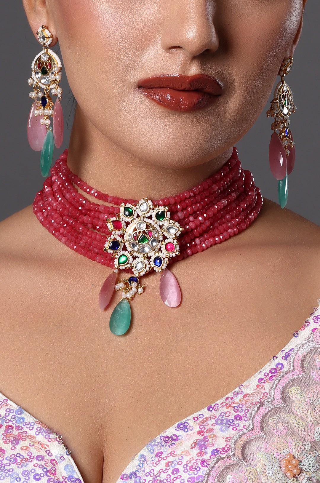 Ruby Red Beaded Choker with Polki Pendant