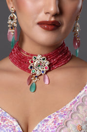 Ruby Red Beaded Choker with Polki Pendant