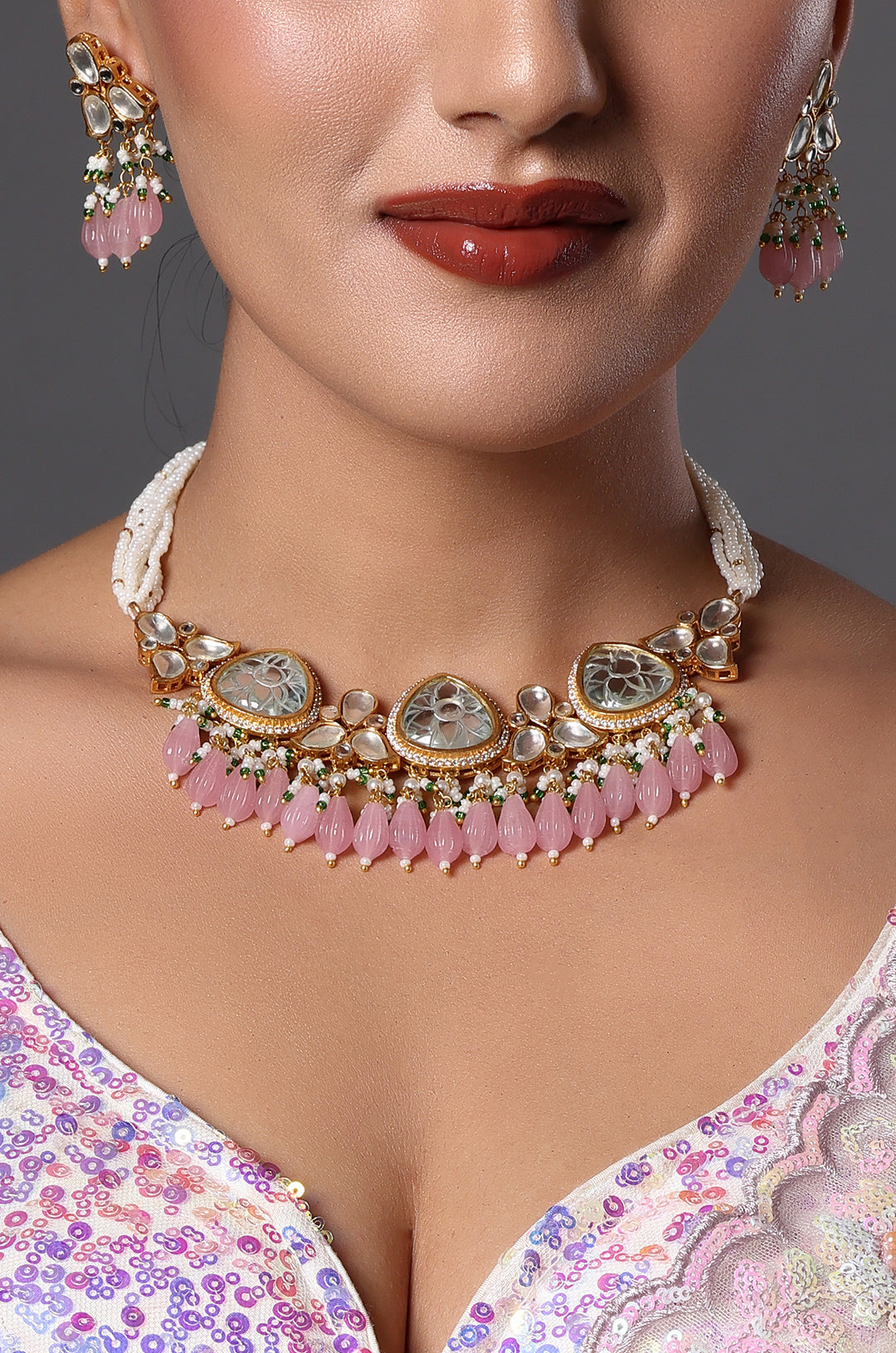 Gold Finish Kundan Necklace with Pink Drops