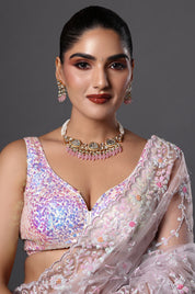 Gold Finish Kundan Necklace with Pink Drops