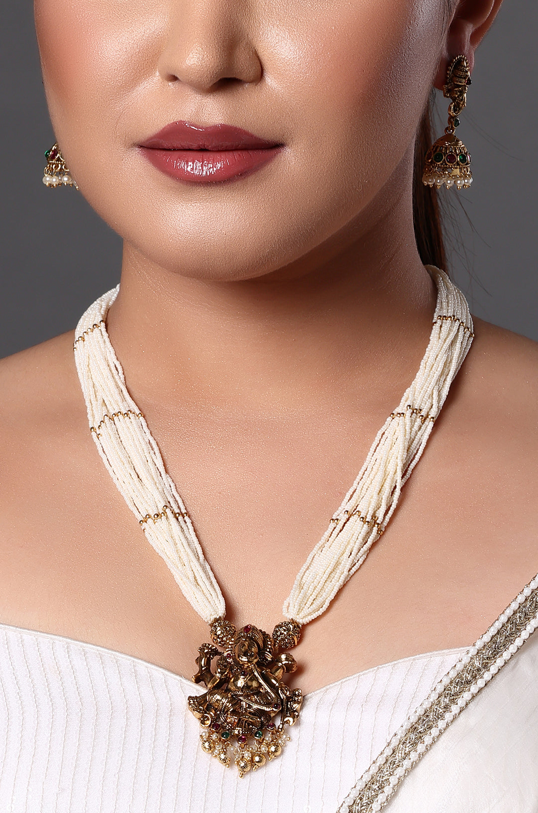 Traditional Pearl Necklace with Antique Temple Pendant