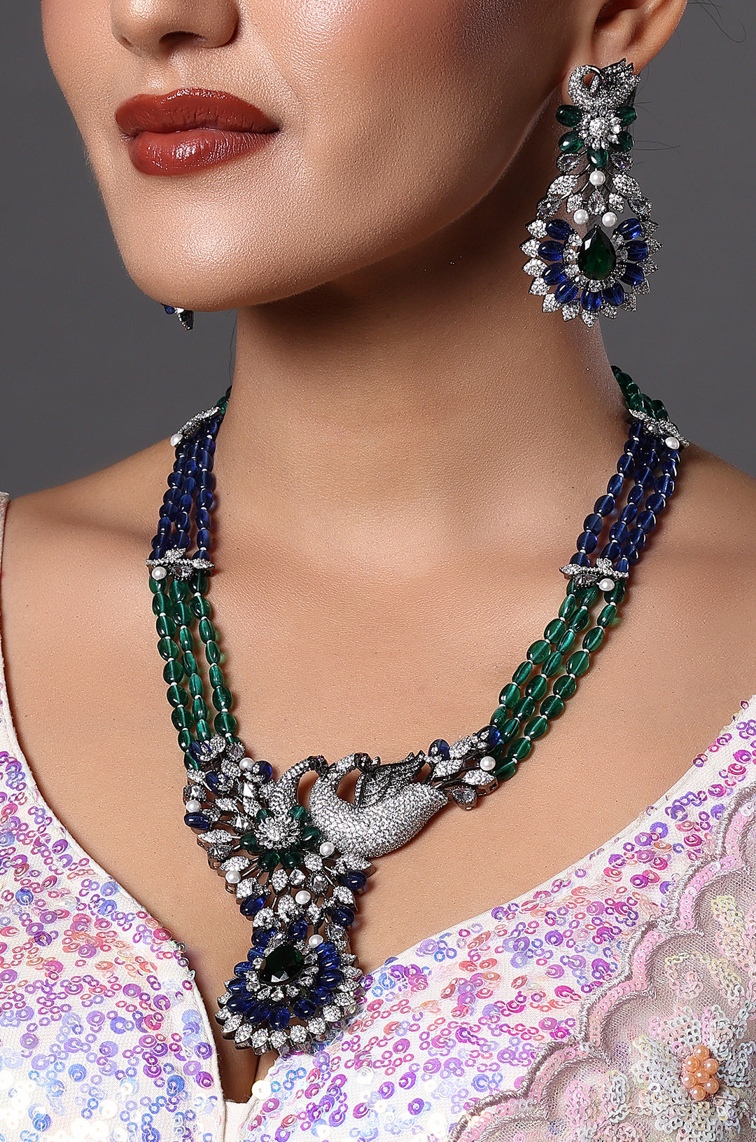 Blue & Green Gemstone Statement Necklace Set