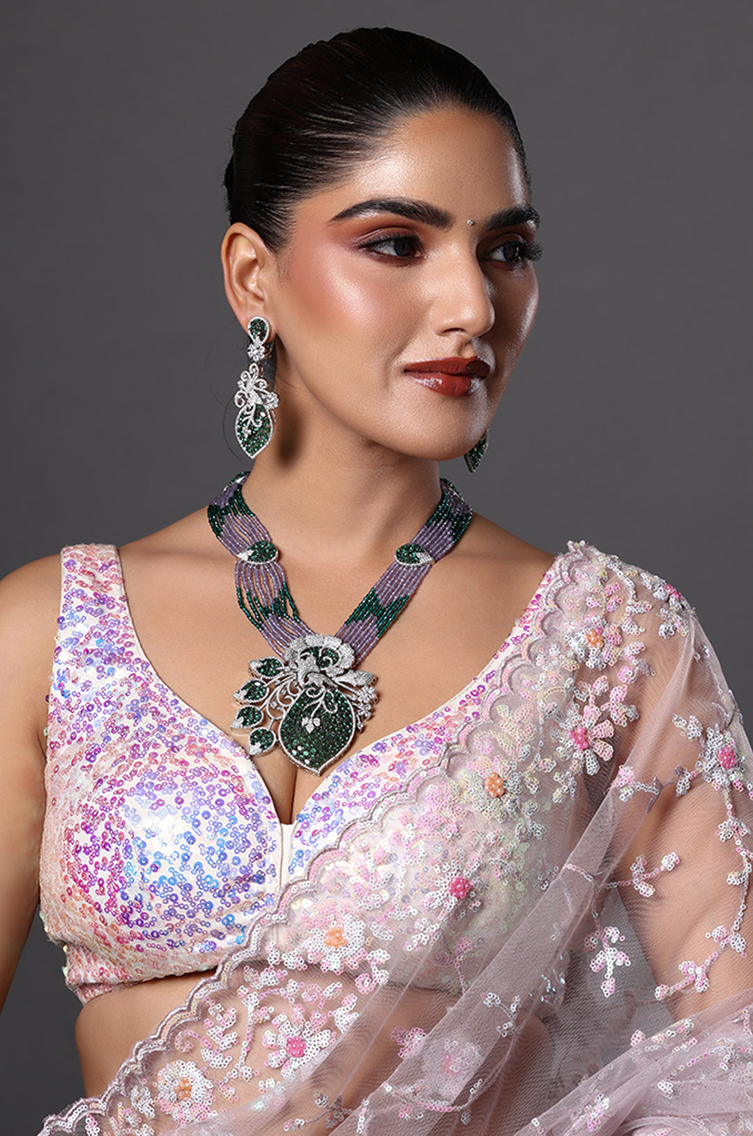Lavender & Emerald Beaded Necklace with Diamond Motif