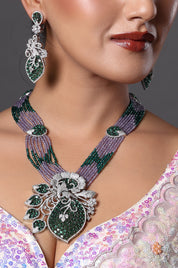 Lavender & Emerald Beaded Necklace with Diamond Motif